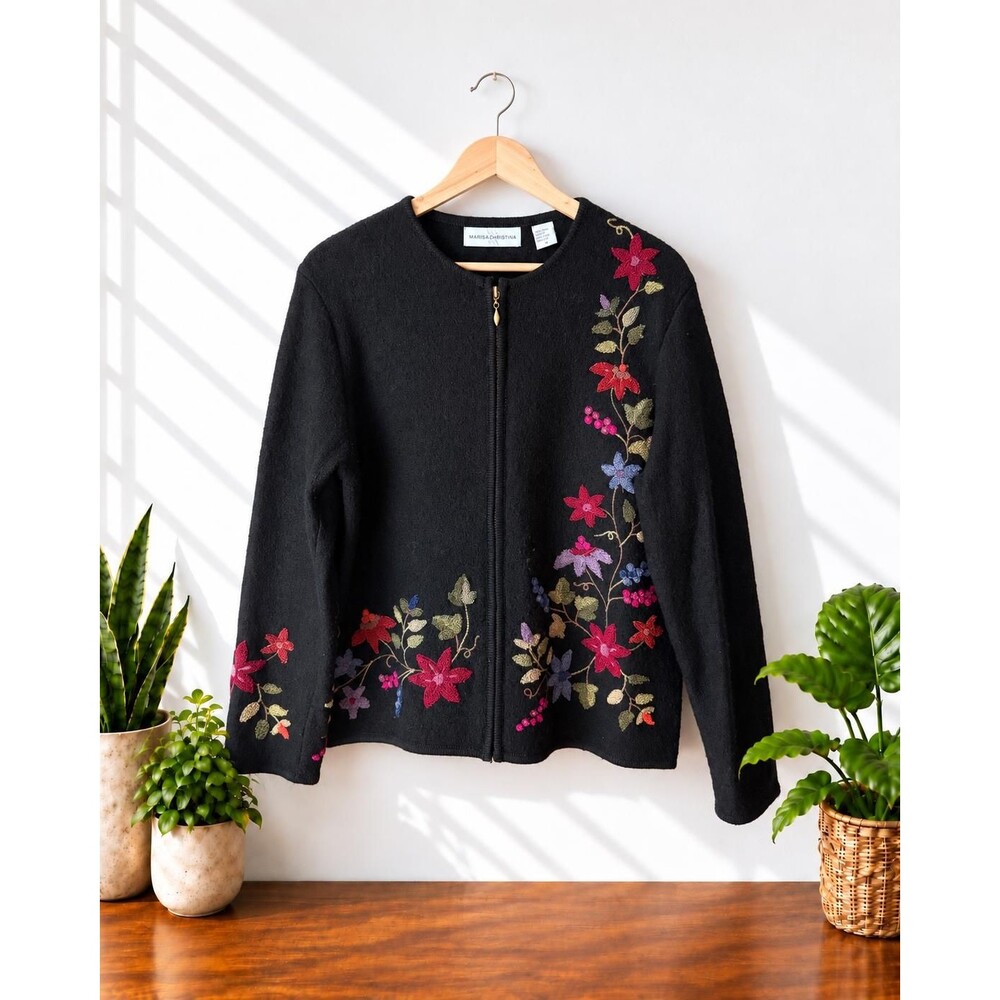 Vintage 90s 100% Wool Zip Front Cardigan Sweater Black Floral Embroidered Medium